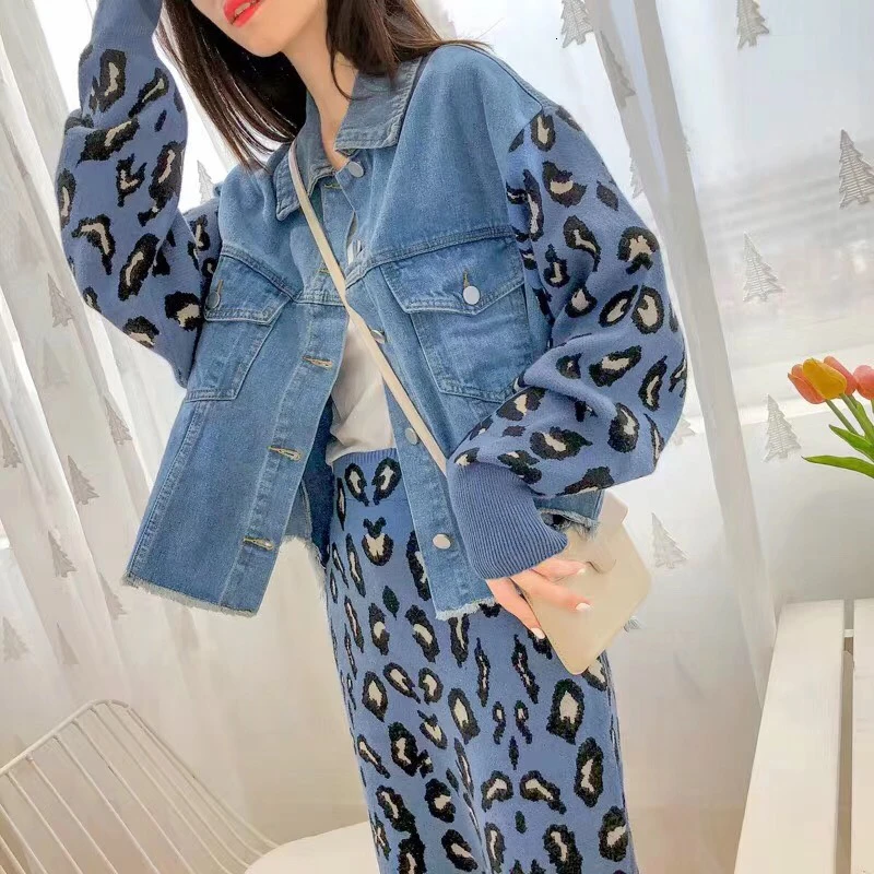 Леопардовый вязаный комплект из двух предметов для женщин лоскутный джинсовый