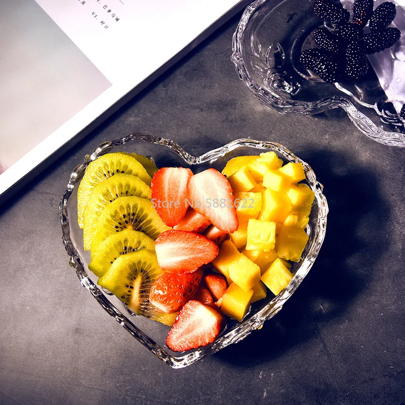 Transparent Heart Shape Rose Glass Fruit Dish Tray Floral Engraving Nuts Salad Bowl Snack Dishes Plate Tableware for Lovers | Дом и сад