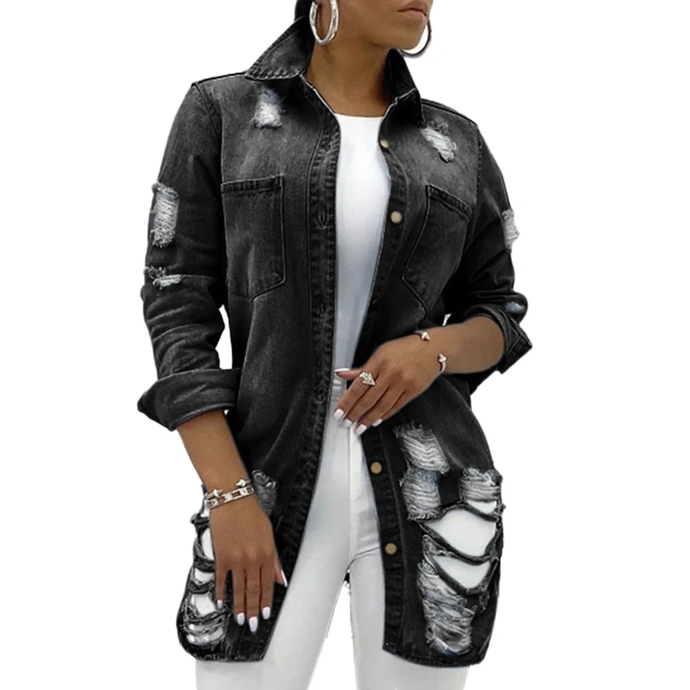 

New Solid Turn-down Collar Jean Jacket For Women Loose Casual Blue Fashionable Women Coats Female Outwear Denim Feminine