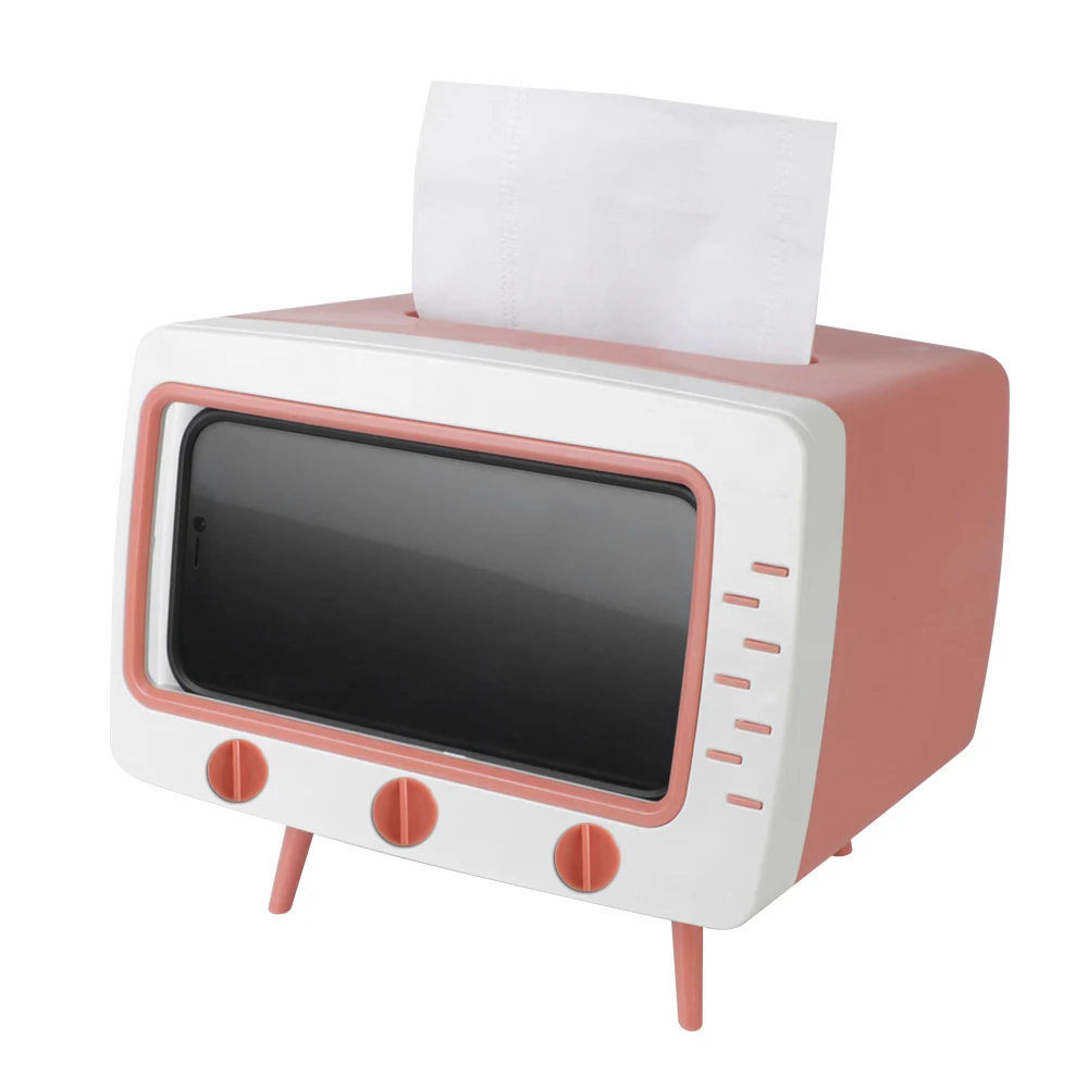 

New TV Tissue Box Desktop Paper Holder Dispenser Storage Napkin Case Organizer with Mobile Phone Holder Creative