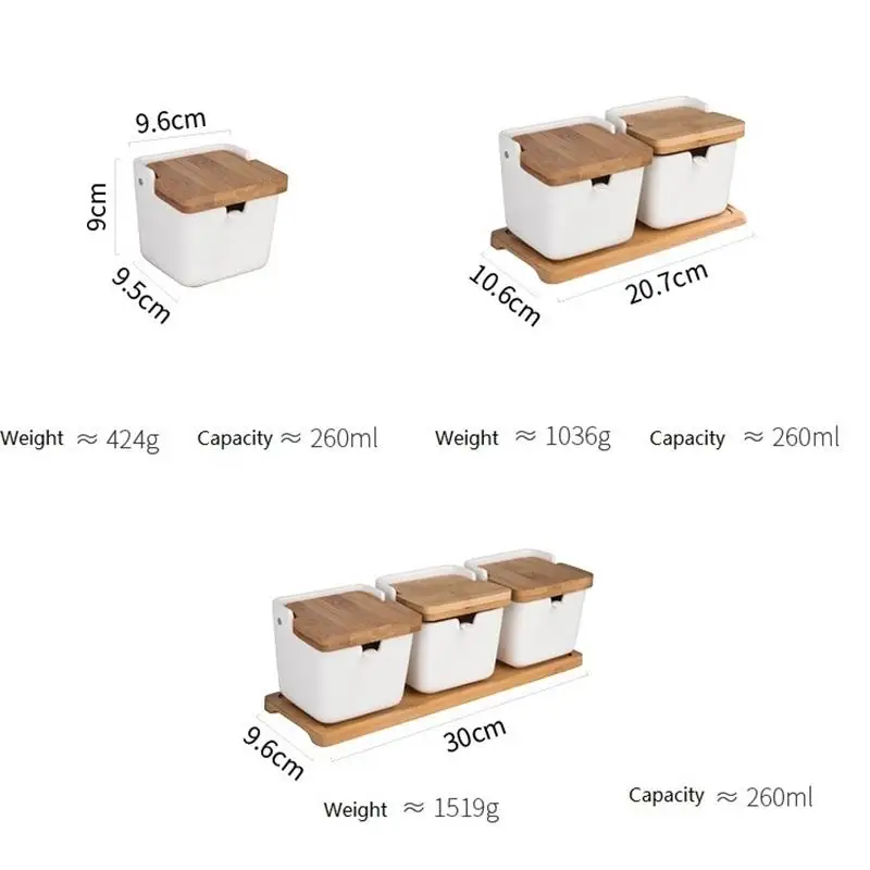 

Kitchen Spice Pots Ceramic Salt Container Pepper Jars Storage With Lid Spoon Porcelain Box Bamboo Cover Condiment Seasoning Rack