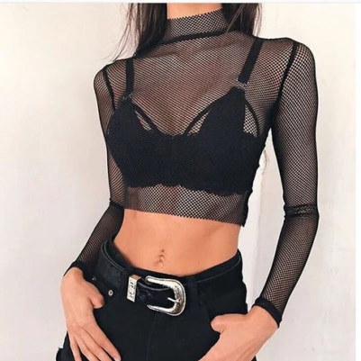 Женская Сетчатая футболка с высоким воротником и длинным рукавом Прозрачная