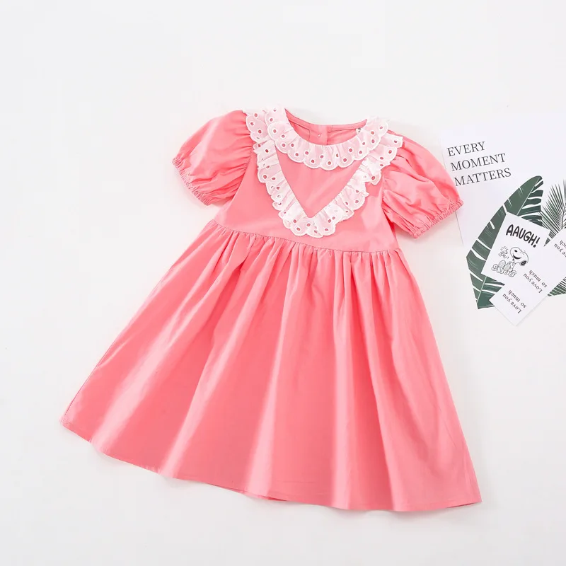 

Summer New Arrival Korean style cotton court style short sleelve princess dress with lace collar for cute sweet baby girls