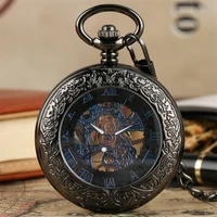 trendy blue roman numerals mechanical pocket watch transparent skeleton hand winding pocket chain antique manual timepiece male