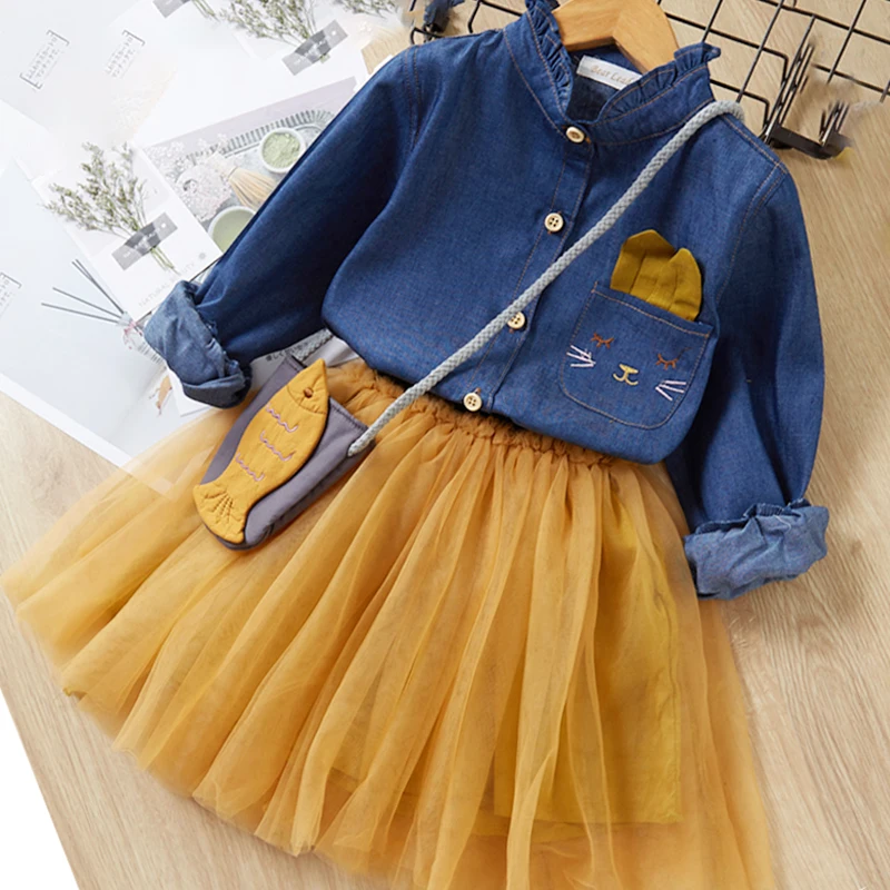 Bear Leader Girls Dress Casual Style Christmas Long Sleeve Denim Cartoon Embroidery Shirt+Mesh 2pc for Clothes | Детская одежда и