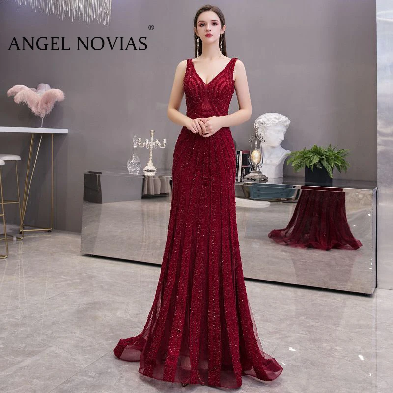 

Real Picture Long Mermaid Burgundy Evening Dress 2020 Crystals Woman Backless Formal Elegant Party Gown abendkleider lang luxus