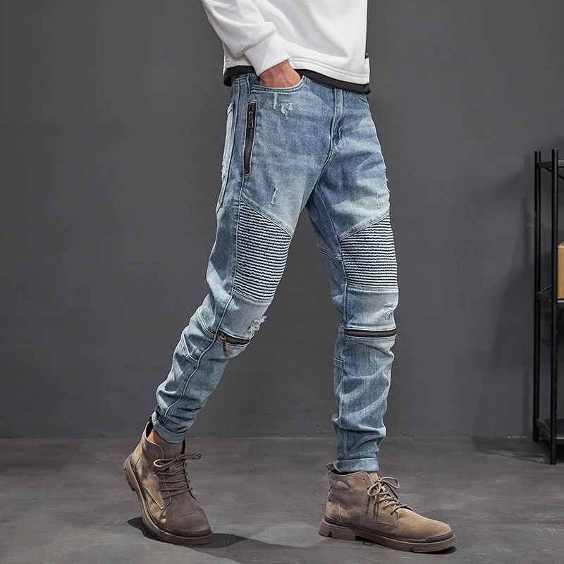 American Street Fashion Men Jeans Spliced Designer Retro Light Blue Elastic Slim Fit Ripped Biker Jeans Men Hip Hop Punk Pants