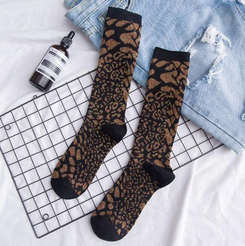 Woman Solid Leopard Cotton Socks Lurex Mixed Socks Print Knee High Socks Girls Warm Leopard Winter Socks Ankle Socks 4 Pairs/lot