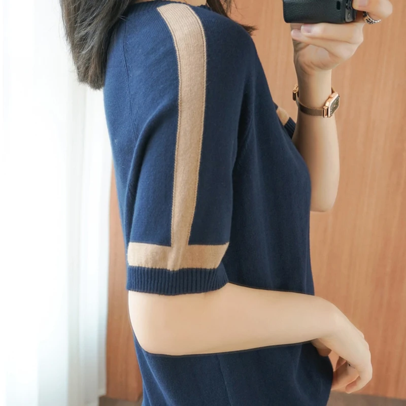 

Pullover Short Sleeve Knitted T-shirt Women Splice Cutout Tshirts Casual Tops 2021 Summer O-neck Female Knit T Shirt Korea Style