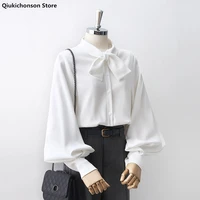 lantern sleeve womens tops and blouse 2021 spring korean style casual bowknot peter pan collar long sleeve button up shirt