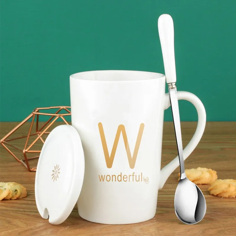 

Fashion Couples Ceramics Mug With Lid And Spoon Coffee Cup Water Milk Juice Drinks Cup Household Office Gift