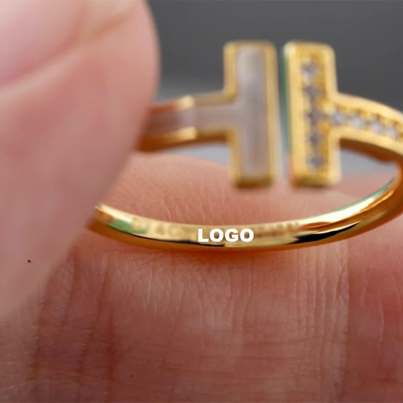 

T1 Open Sterling Silver Double T Rings For Women Zircon Shell Engagement Rings Wedding Ring Couple Ring men's Ring Female Ring