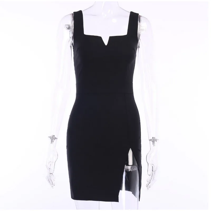 

Summer Women Spaghetti Strap Dress Sexy Split Solid Slim Lady Ankle Length Vintage Wear Dress 2021 New