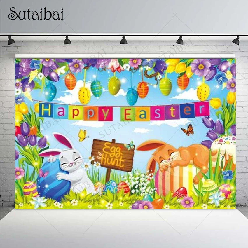 

Happy Easter Holiday Party Backdrop Colourful Banner Bunny Spring Green Baby Shower Eggs Cartoon Photocall Background