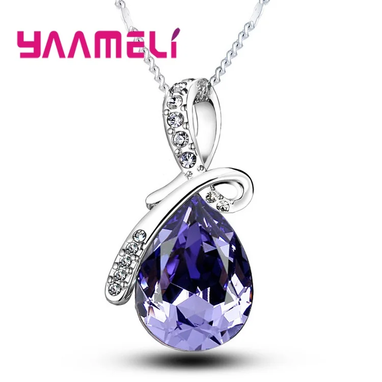 Hot Sale Factory Price Female 925 Sterling Silver Elegant Charming Multicolor Crystals Watedrop Pendant Necklace For Woman Girls | Украшения