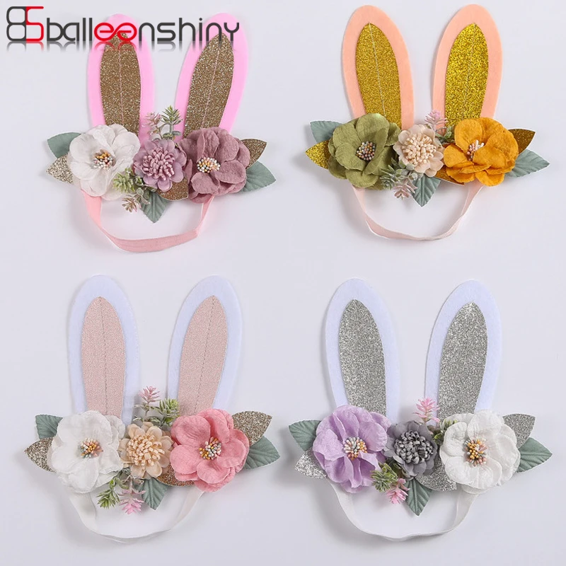 

Balleenshiny Cute Fabric Simulation Stitching Flower Glitter Bunny Ears Baby Headband Newborn Photography Props Kids Girl Turban