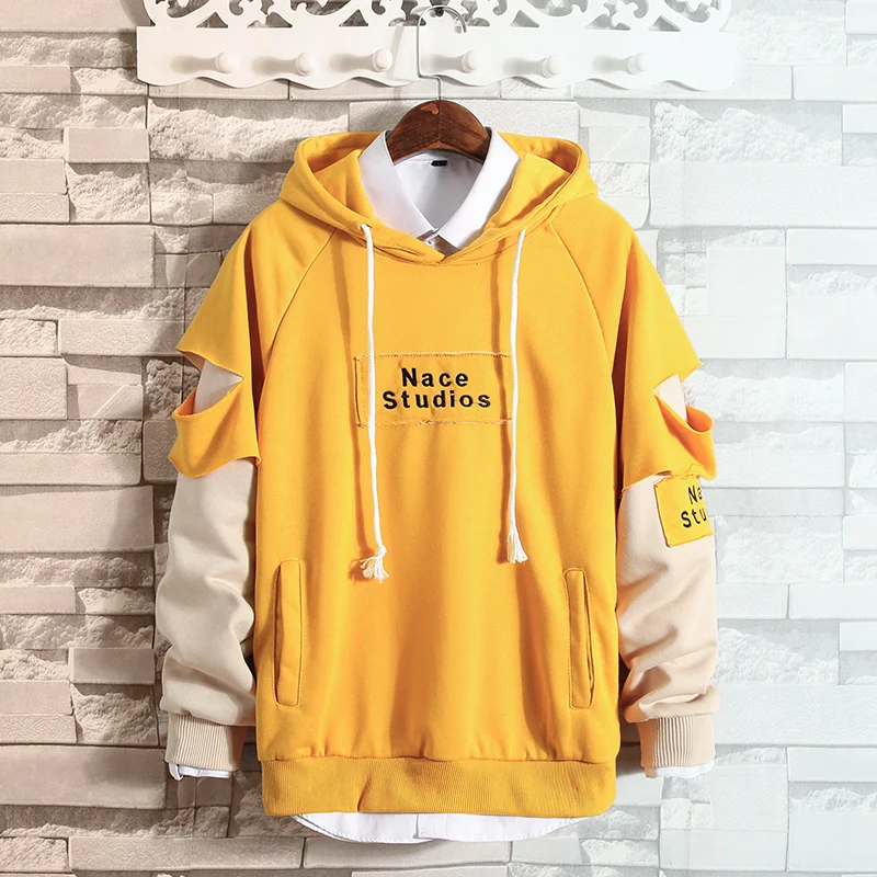 46yellow Мужские толстовки с капюшоном, с дырками, с буквенным принтом, свободные, простые, подходят ко всему, корейский стиль, Harajuku, толстовки, мужские, модная, мягкая одежда, шик - Цвет: 46yellow