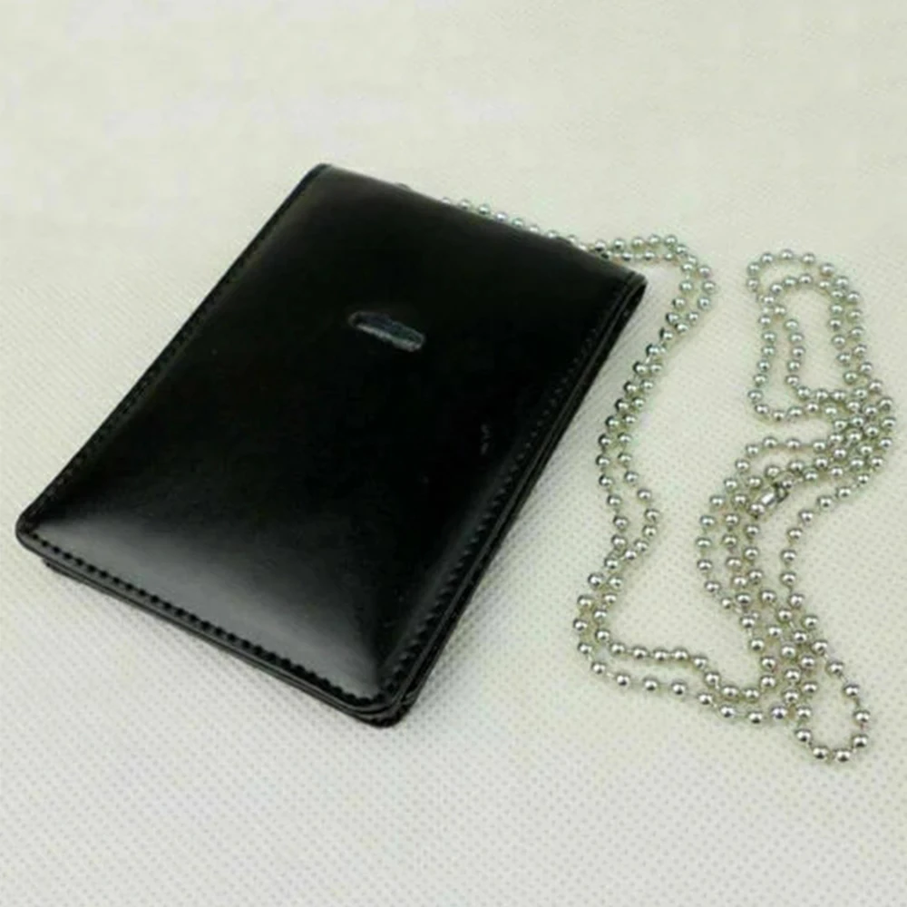 Tactical Black Leather Military Badge ID Card Wallet Driving Licence Holder Case With Neck Chain