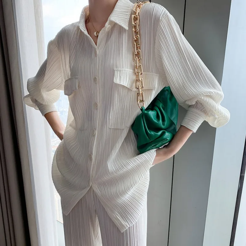 

Pleated matching sets 2021 fall clothes women plus size suit Korean fashion 2 piece wide-leg pants crop top long sleeve