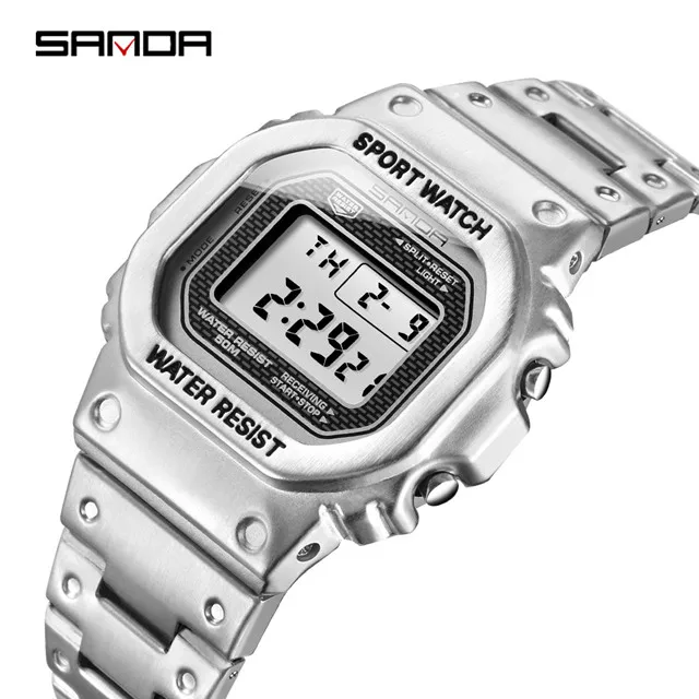 

SANDA Men Ladies Digital Watch Stainless Steel 5Bar Waterpoof Chronograph Countdown Wristwatch Shock LED Sprot Watch montre homm