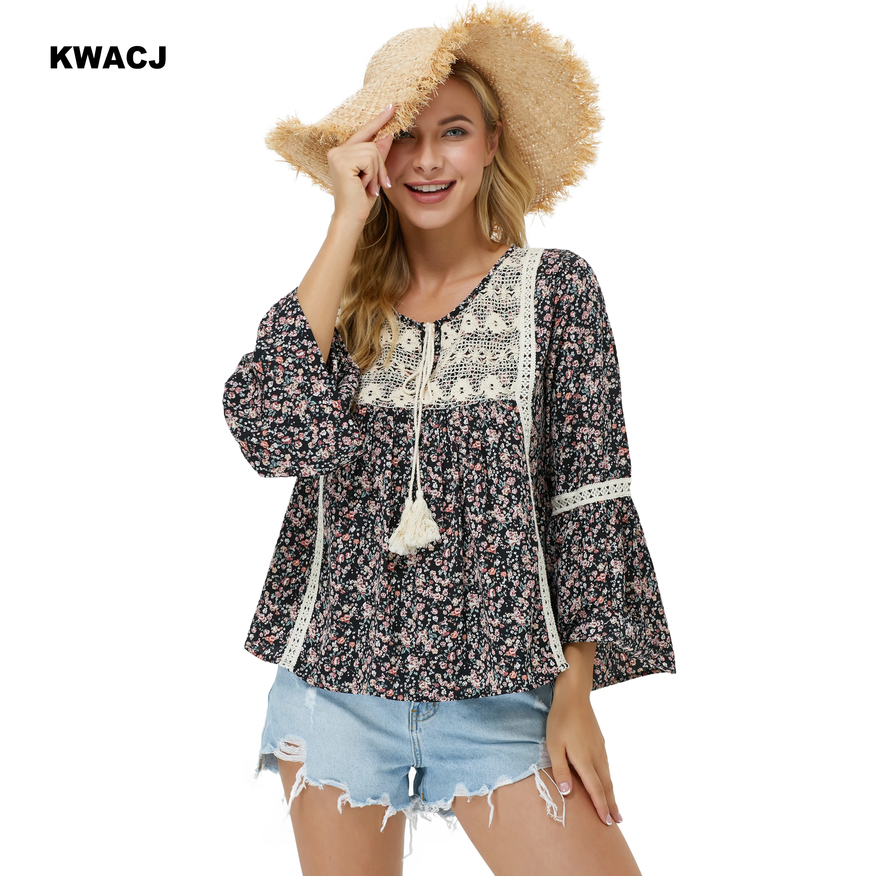 KWACJ Floral Print Women Blouse Flare Long Sleeve Lace Decoration Tassel Bow Ladies Vintage Tops Casual Boho Clothing | Женская одежда