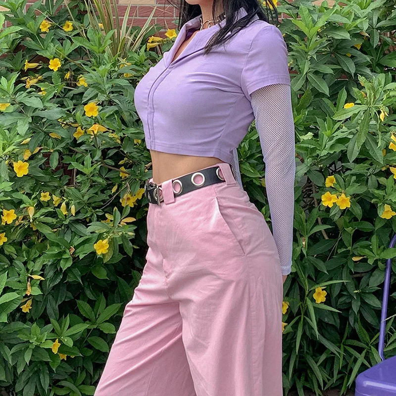 LVINMW Sexy Mesh Long Sleeve Buckles V Neck Crop Top 2020 Summer Women Patchwork Fashion Basic Slim Solid T Shirt Streetwear | Женская