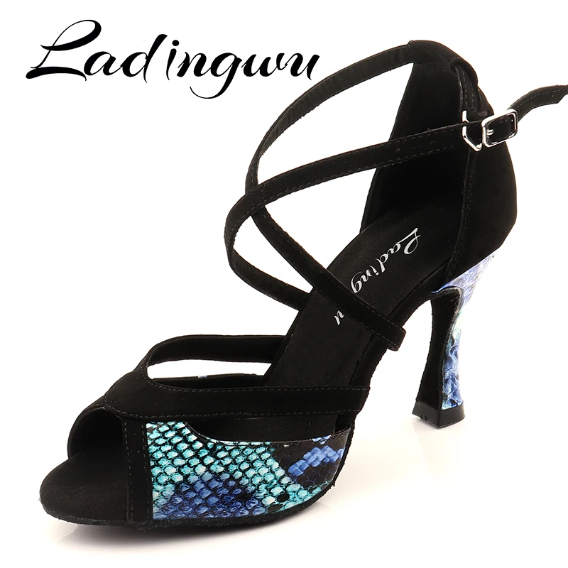 Ladingwu-zapatos de baile latino para mujer, sandalias de salón para baile de Salsa PU con patrón de serpiente azul y gamuza negra