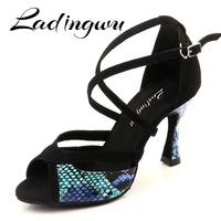 ladingwu latin dance shoes for women black suede and blue snake pattern pu salsa dance shoes womens ballroom dance sandals