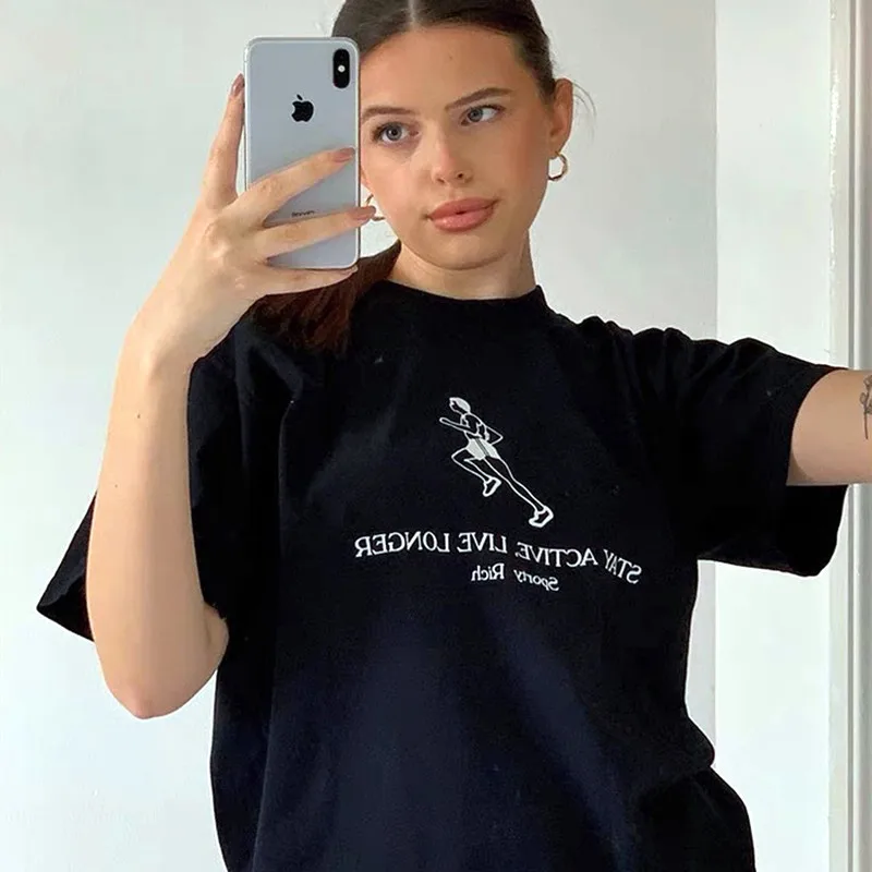 

Hillbilly Stay Active Graphic Printed Shirt For Women Black Cotton Summer Short Sleeve Casual Top Loose Round Neck Aesthetic Tee