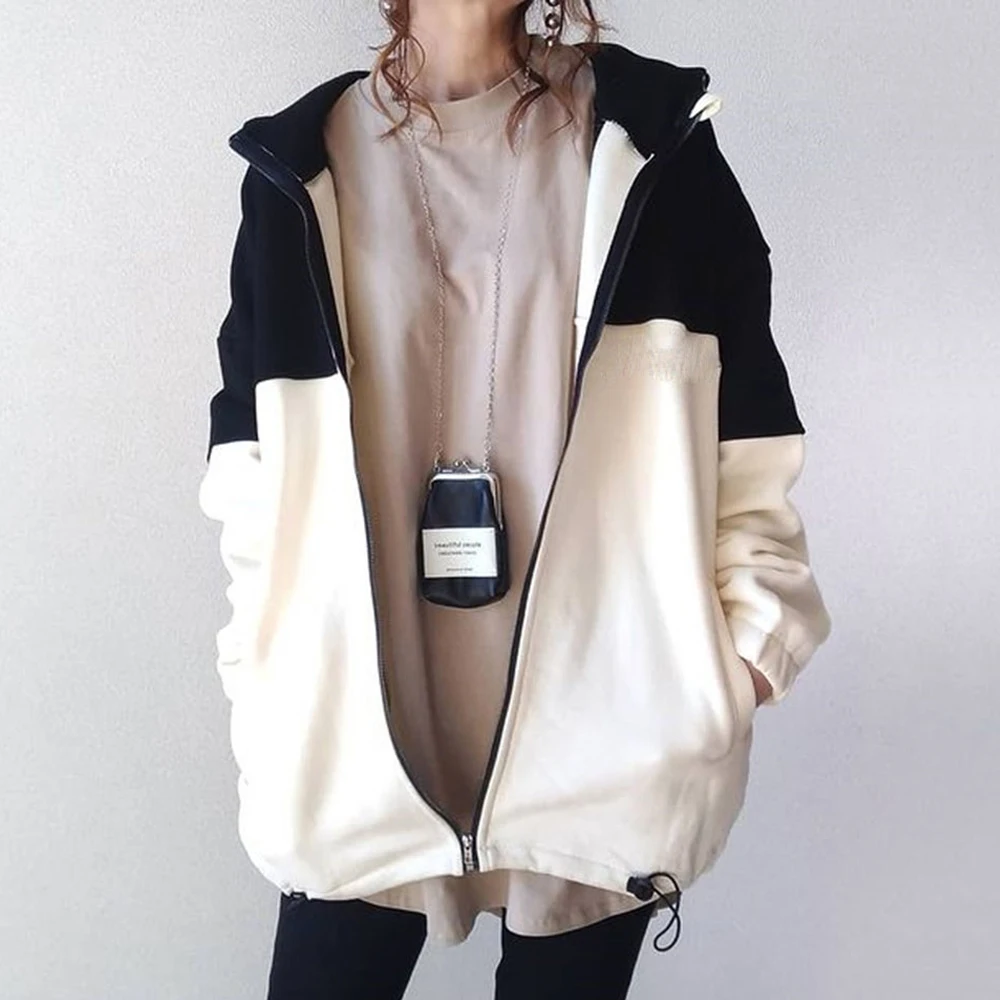 

Loose Long Sleeve Zipper Lapel Women's Jacket Japanese And Korean Patchwork Jackets Coat Fall Spring Autumn Thin Fashion Tops