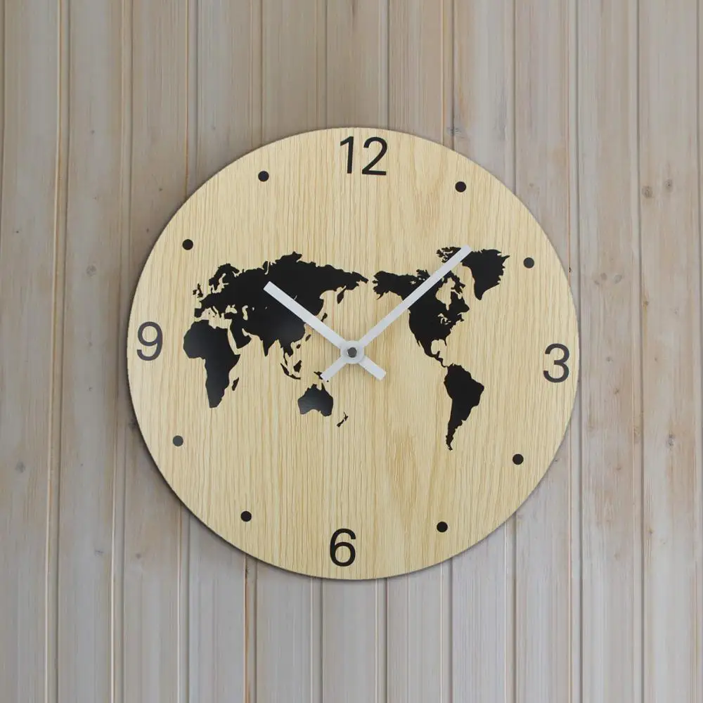 

Wall Clock Wooden World Map Wall Clocks Numerals Hands Silent Battery Operated Decor Wooden Wall Clock Watch Christmas Gift
