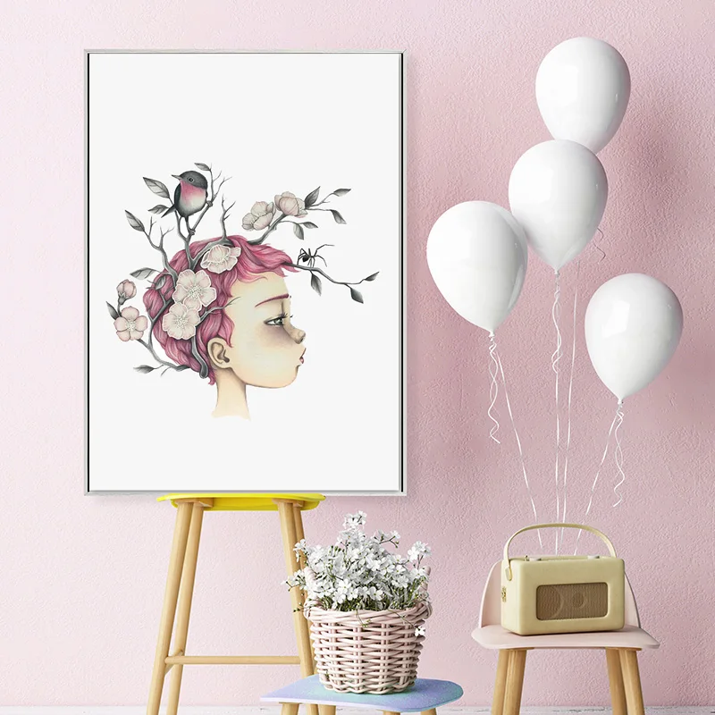 

Cartoon Cute Girl Flower Bird Canvas Painting Nordic Nursery Poster Wall Art Printing For Baby Room Home Decor Wall Picture