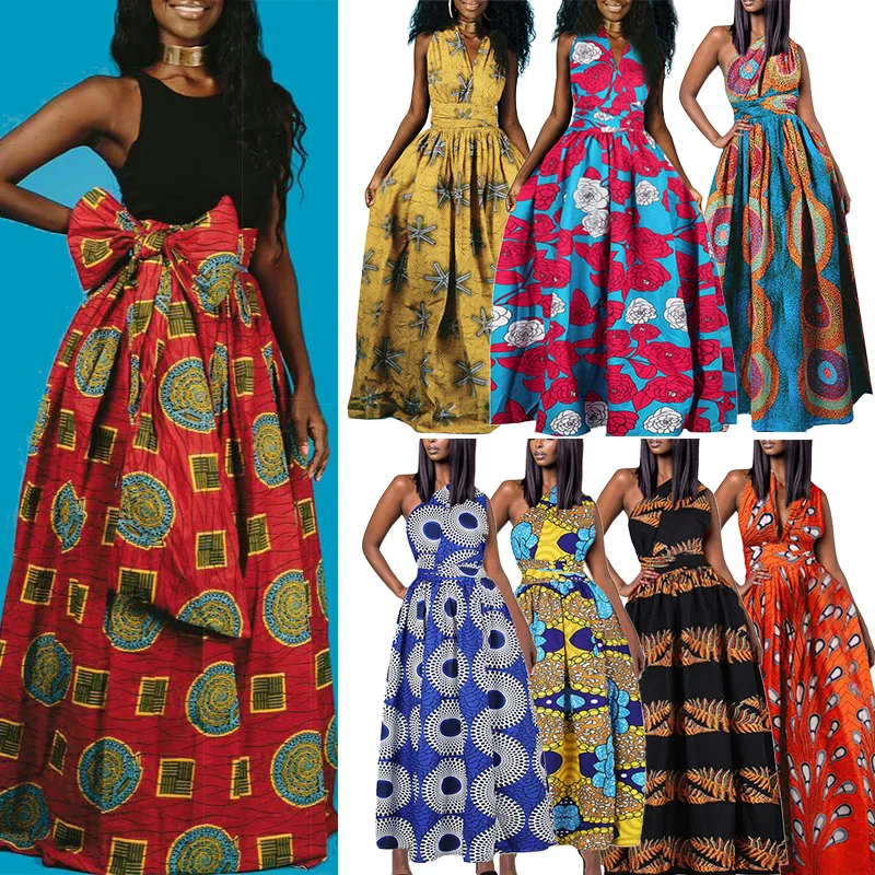 Женское платье макси с Африканским принтом летнее винтажное богемное разрезом