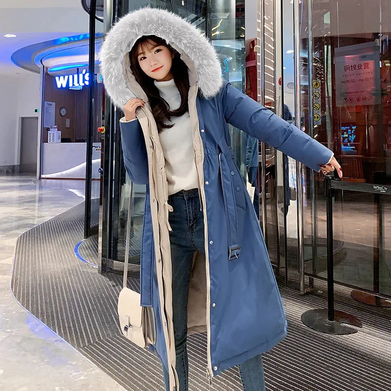 Women Winter Jacket Warm Double-side Wear Parka Coat Long Hooded With Fur Collar Adjustable Waist Casacos De Inverno Feminino