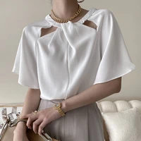 simple pure color butterfly sleeve t shirt summer office lady elegant fashion chic irregular o bow tie hollow design womens top