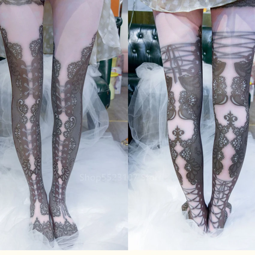 

Girls Fashion Pattern Pantyhose Gothic Print Victorian Japanese Harajuku Cute Kawaii Lolita Tights Lace Women Stockings Lady