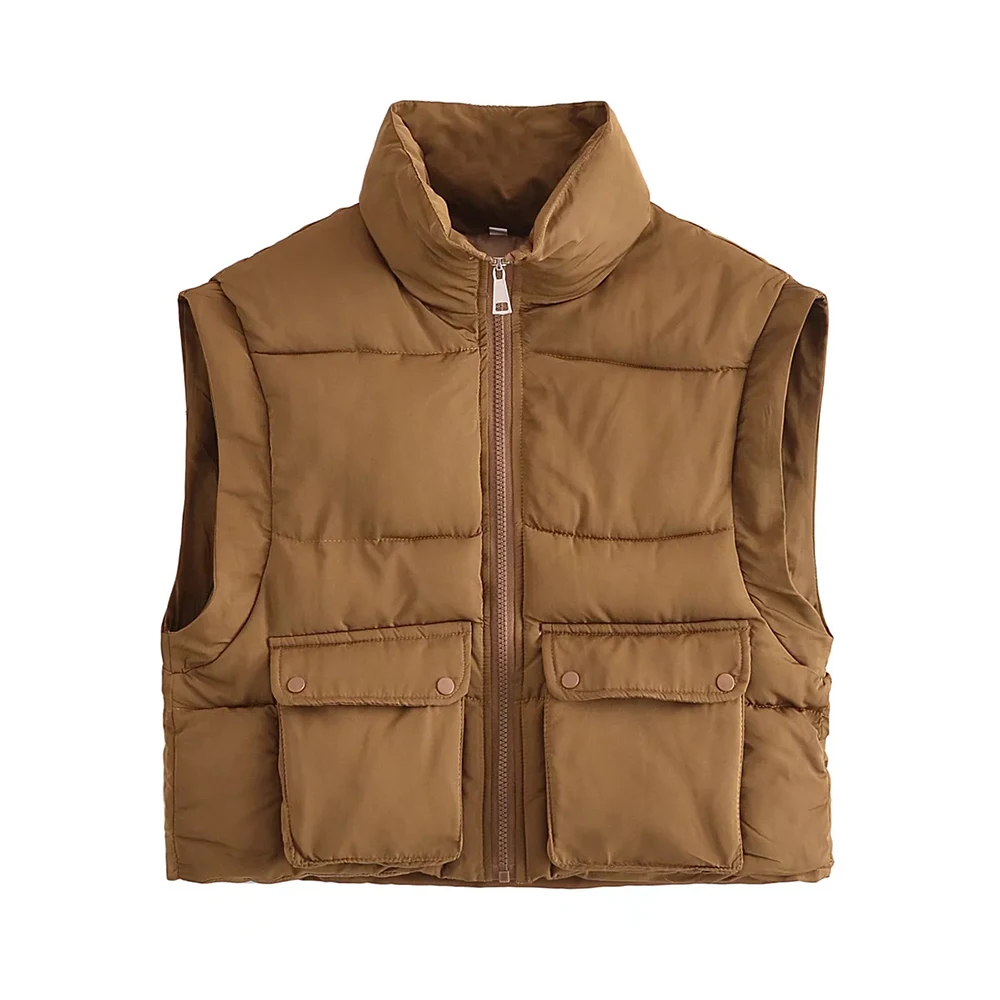 

XIKOM 2021 Khaki Winter Sleeveless Vest Jacket Women Pockets Stand Collar Warm Vest Women Streetwear Oversize Vest Woman
