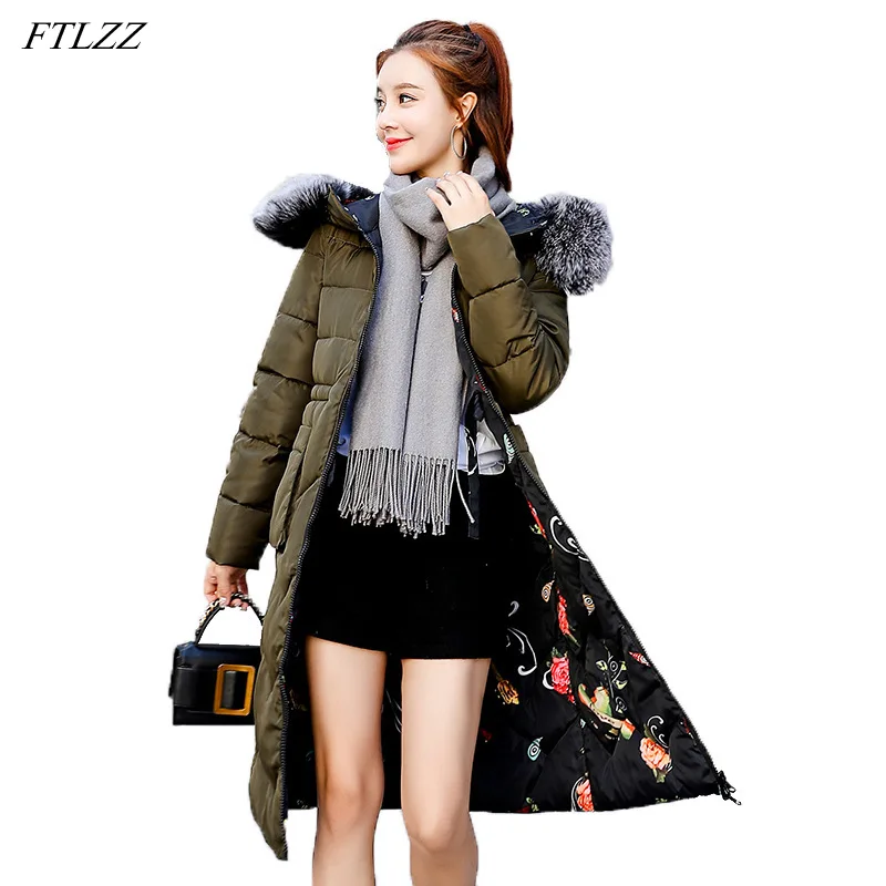 

FTLZZ New Winter Women Double Sided Cotton Jacket Coat Casual Fur Collar Hooded Pocket Long Jacket Outwear