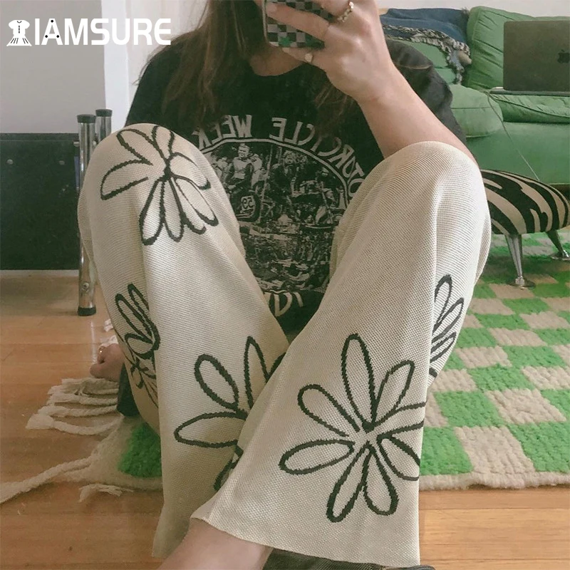 

IAMSURE Beach Style Floral Pants Holiday High Waisted Trousers Knited Wide Leg Pants Women 2021 Fashion Casual Streetwear Bottom