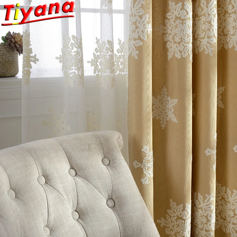 

Yellow Linen Christmas SnowCurtains for Living Room White Edelweiss Embroidery Window Drapes for Bedroom #VT