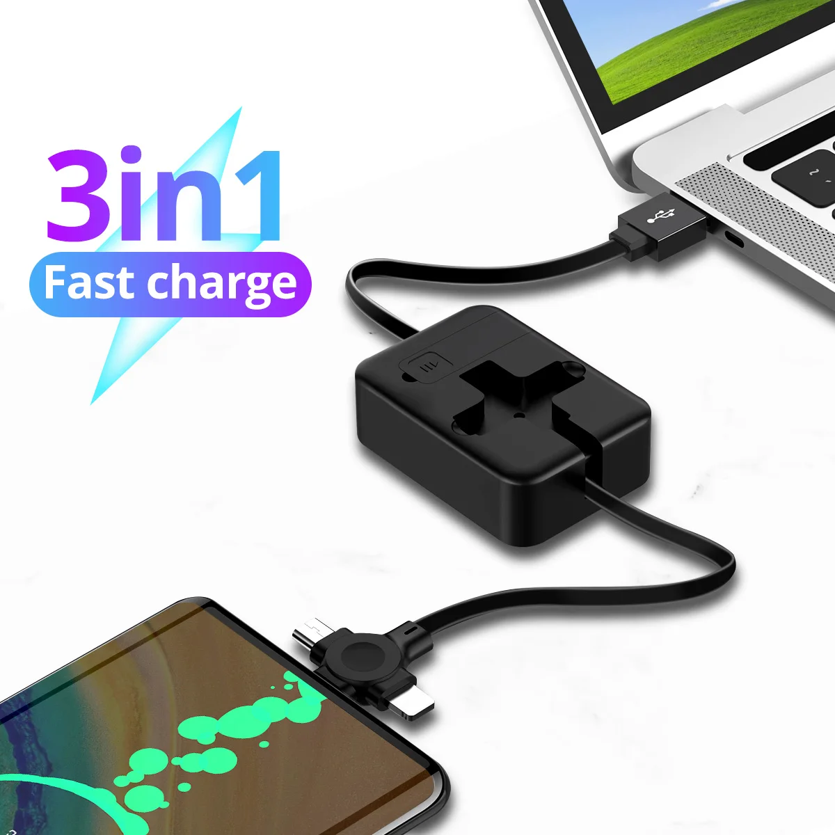 

ANMONE 3 in 1 Charging Cable Retractable Phone Data Cables For Apple Type-C Android Micro USB Charger Cable with Phone Holder