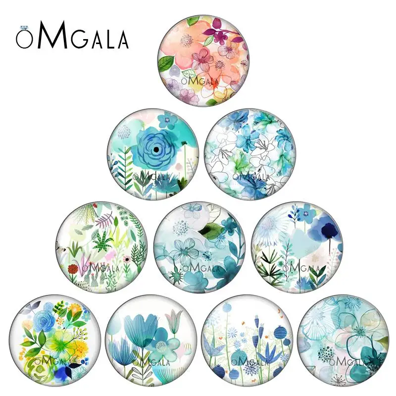 

New Watercolor Flower Paintings 10pcs mixed 12mm/18mm/20mm/25mm Round photo glass cabochon demo flat back Making findings