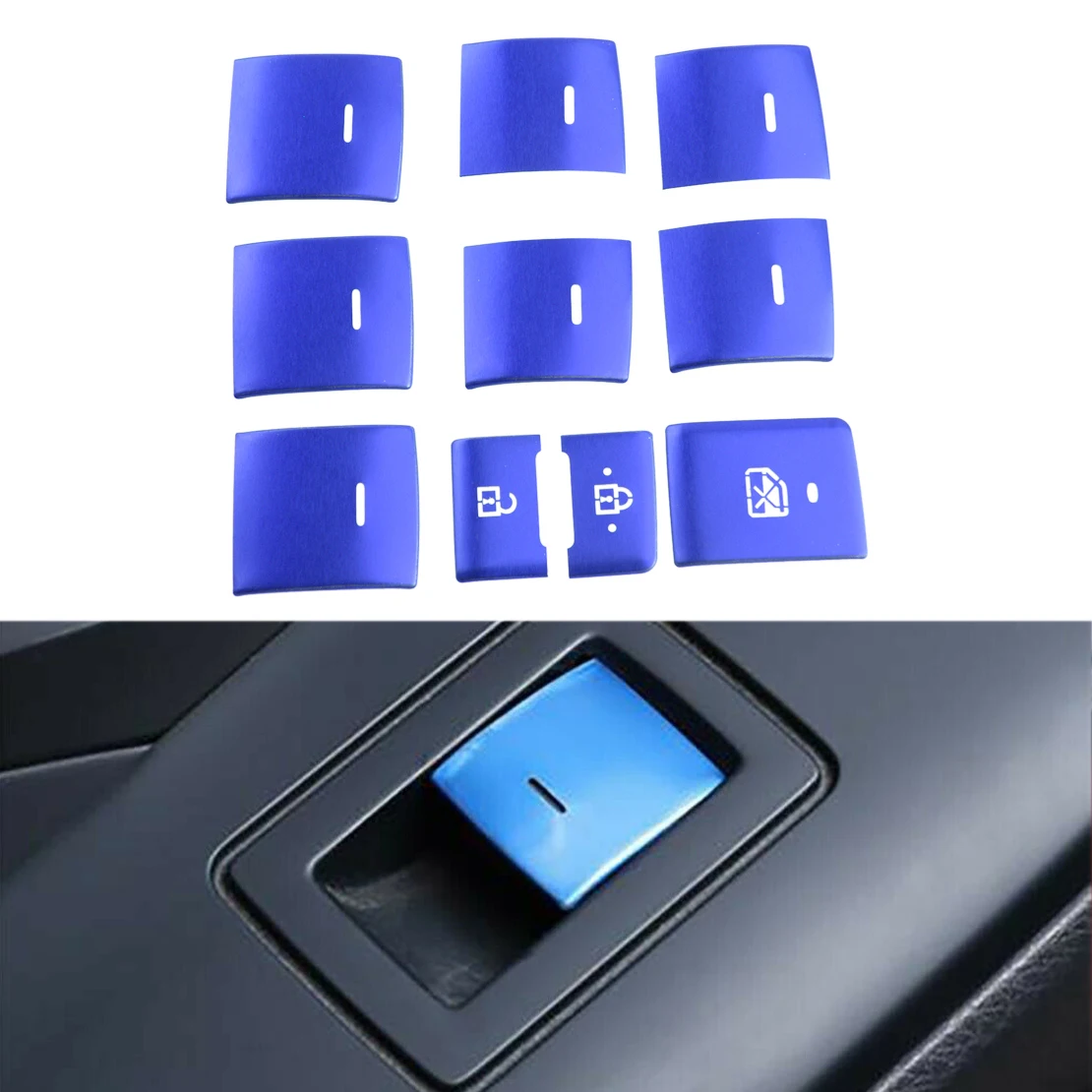 

10 шт./компл. синяя крышка кнопки переключения стеклоподъемника из алюминиевого сплава для Toyota CHR 2018 2019 2020 2021