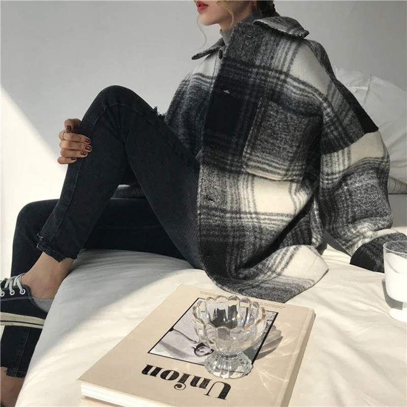 

Fashion Wool Women Simple Plaid Student All-match Pockets Elegant Womens Outwear Winter Warm High Quality Harajuku Females Coat