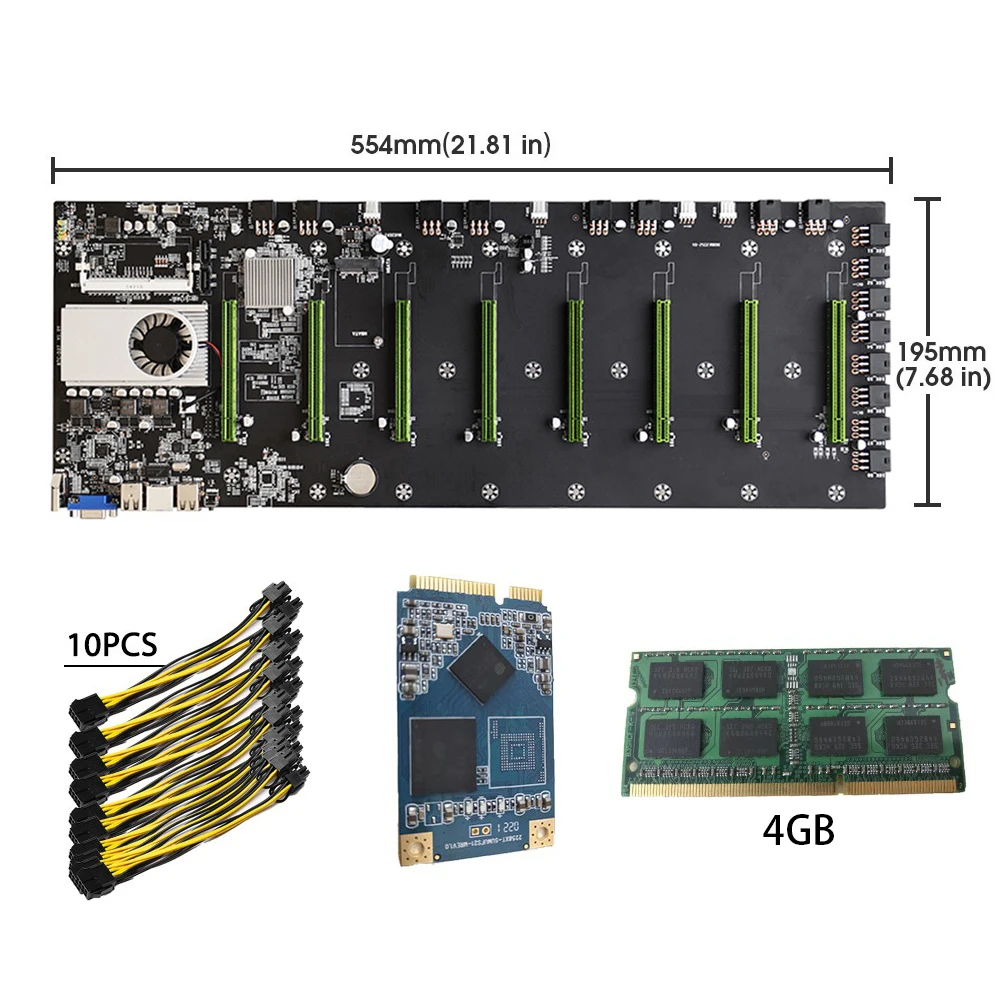 

BTC-D37Riserless Mining Motherboard 8CPU Bitcoin Crypto Etherum Mining Set with 4GB DDR3 1600MHz RAM 128GB mSATA SSD Power Cable