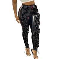 black faux pu leather pants women trousers push up high waist skinny pencil pants sexy ruffles club party pants female gothic