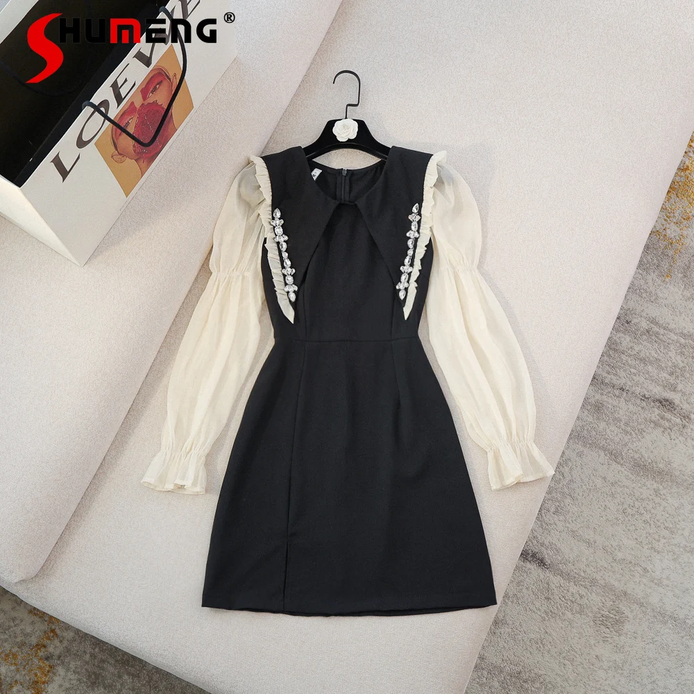 

Новинка осени 2021 платье в стиле пэчворк с расклешенными рукавами и круглым вырезом для женщин модное Сетчатое платье-трапеция с высокой тал...