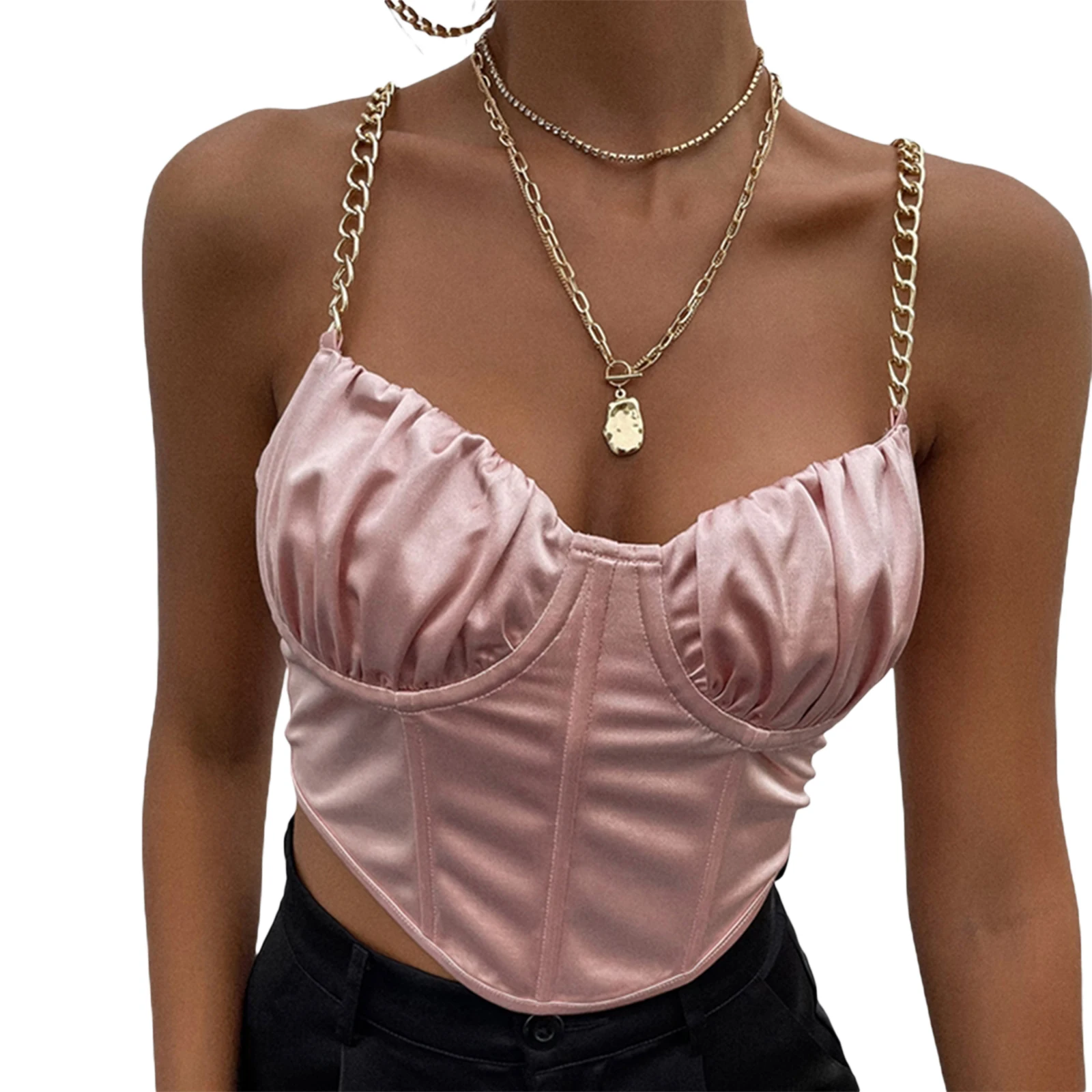 

Women Metal Chain Straps Sexy Cropped Tank Top Summer Fashion Chic V-neck Sleeveless Backless Pink Streetwear Wrap Top