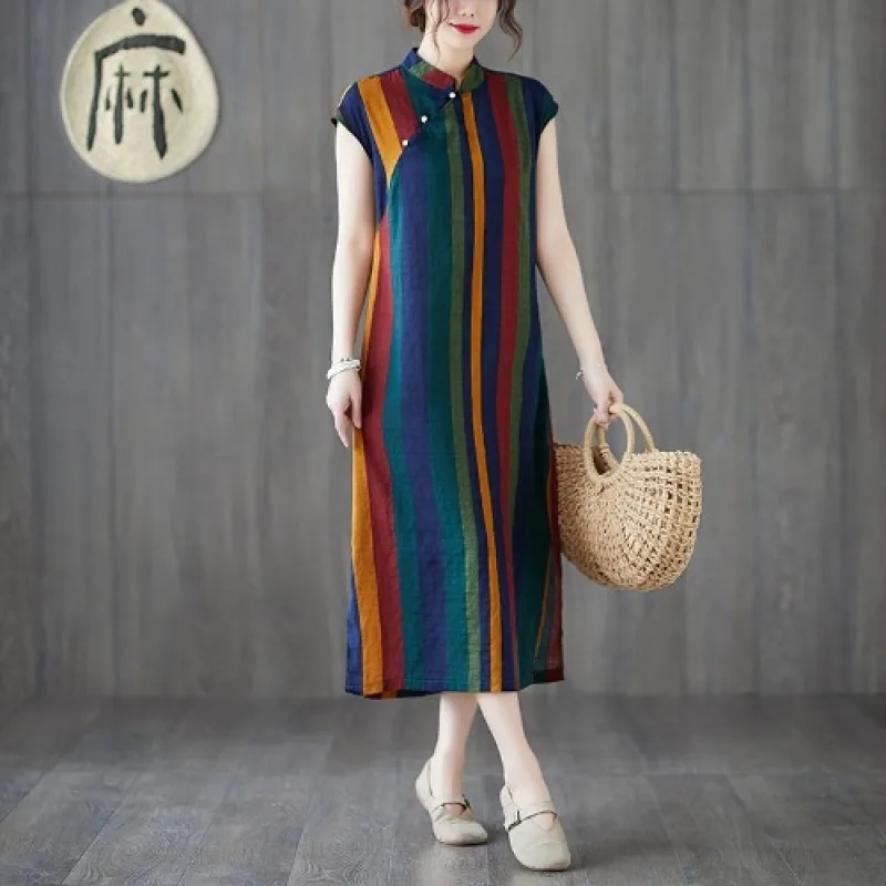 

Contrast Color Stripes Cotton Short-sleeve Dress Stand Collar Cheongsam Mid-length Loose Flax Skirt Chinese Dress Qipao Hanfu