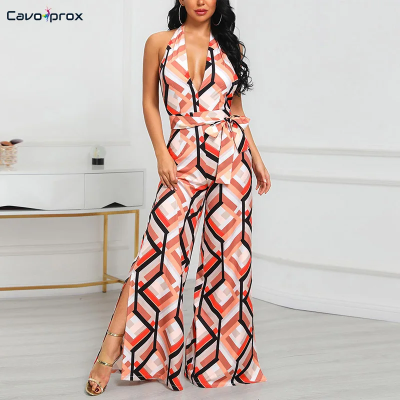 Женский красочный комбинезон с геометрическим принтом разрезом и широкими